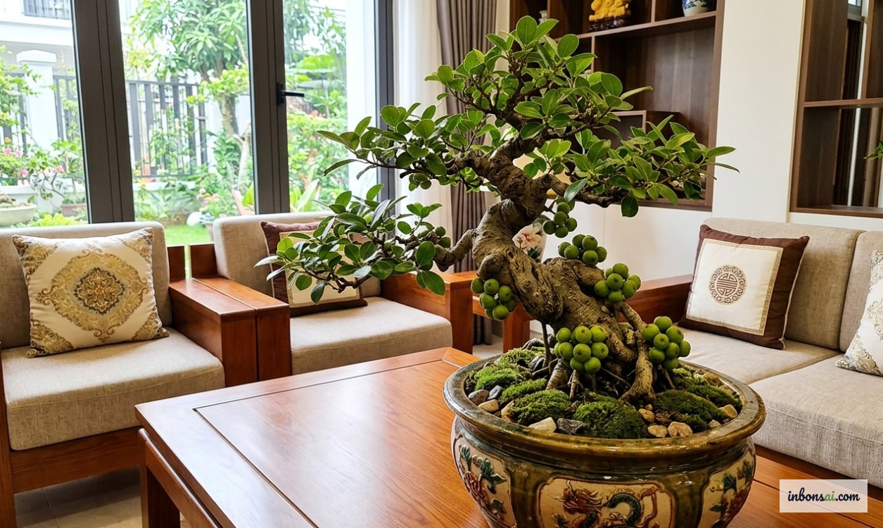 A small beautiful ficus bonsai tree placed on a table in a modern living room