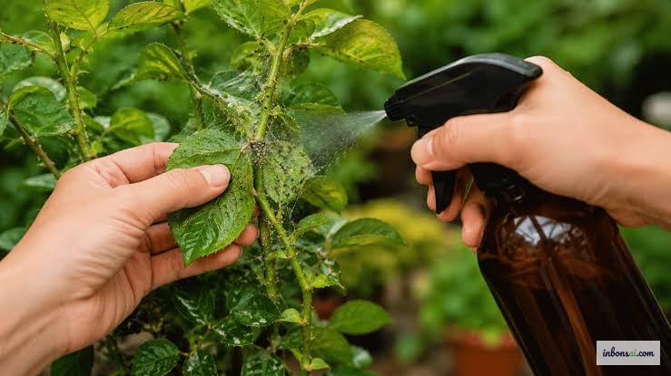 Behandelingsoplossing op blaadjes sproeien